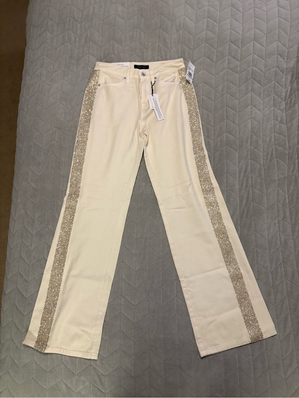 Sanctuary Cream Jeans with Silver Sequin Side Trim